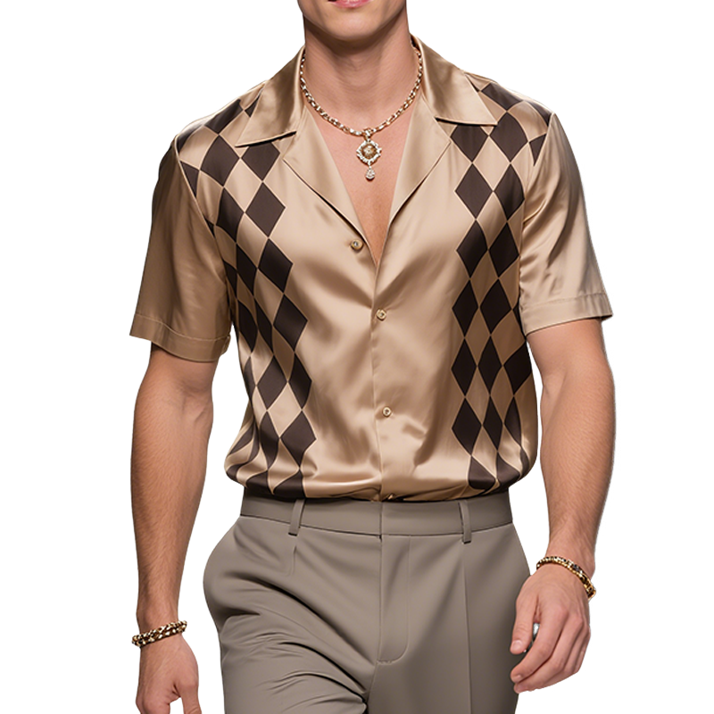 Men's Retro Old Money Style Diamond Print Satin Lapel Short Sleeve Shirt MTA2439F0TO