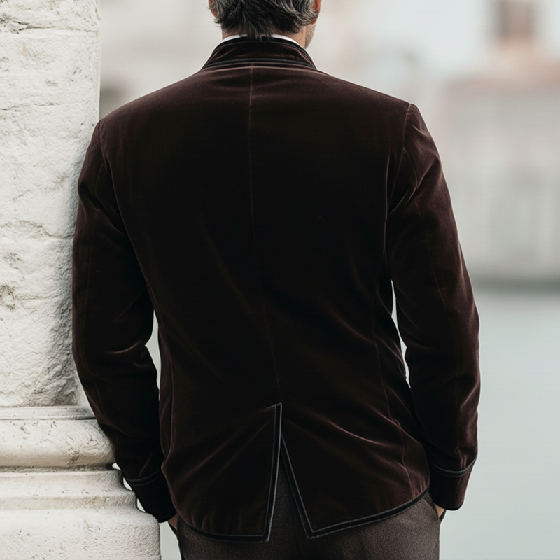 Men's Retro Stand Collar Diagonal Button Single Vent Velvet Jacket MTA2150K3U