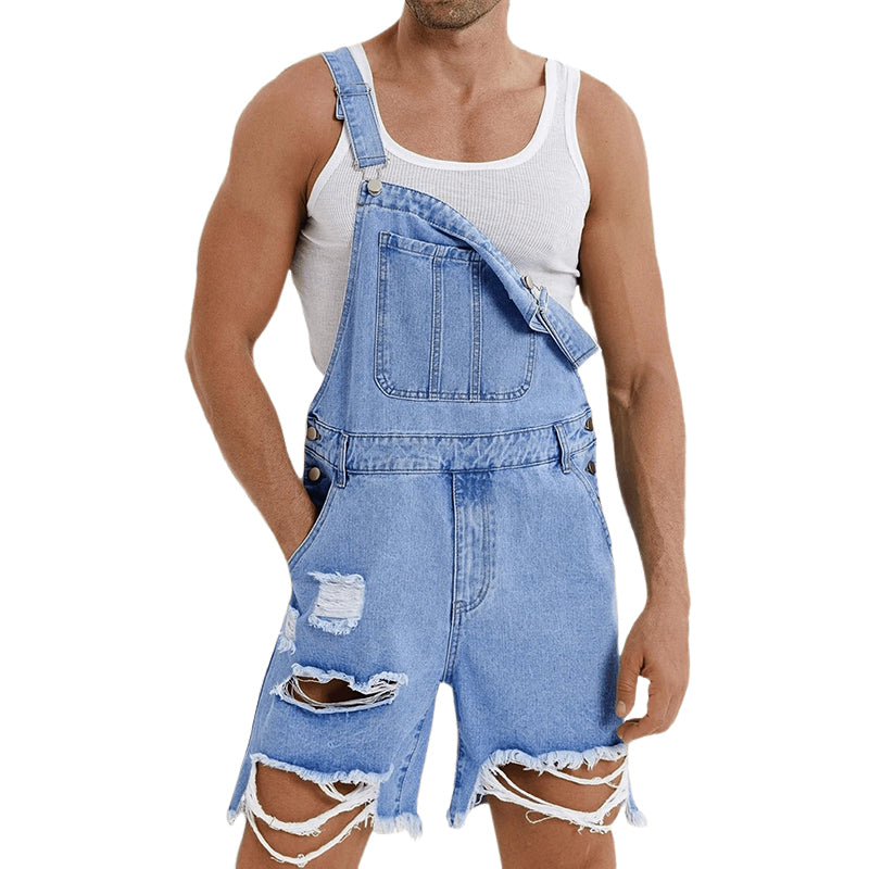 Men's Vintage Washed Ripped Denim Shorts Overalls MTA2667E4X
