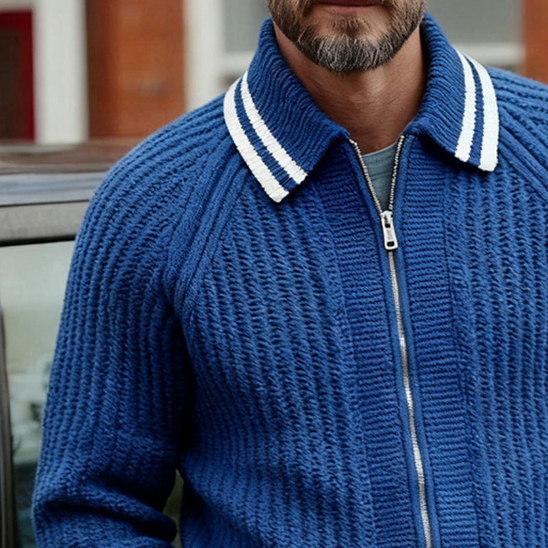Men's Retro Casual Striped Knitted Colorblock Double Zipper Lapel Sweater Cardigan MTA1643J2TO