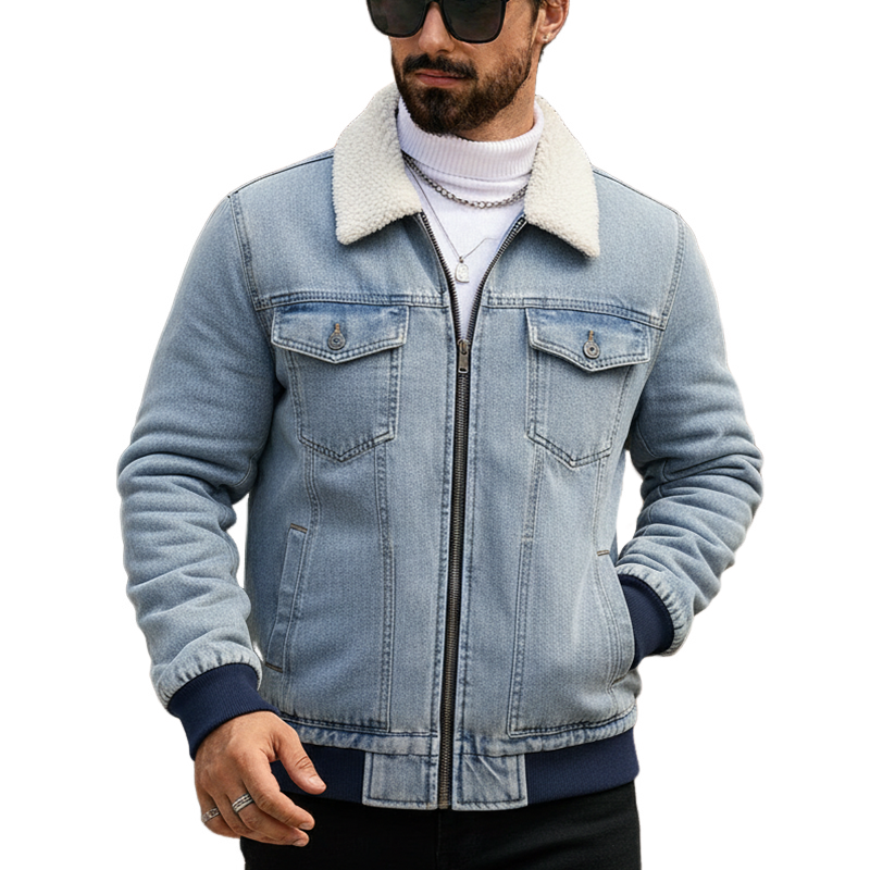 Men's Retro Washed Fleece Collar Zipper Denim Jacket MTA2819J2X