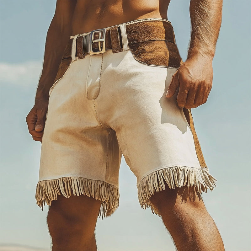 Men's Summer Western Cowboy Style Suede Colorblock Tassel Shorts MTA0709E6U