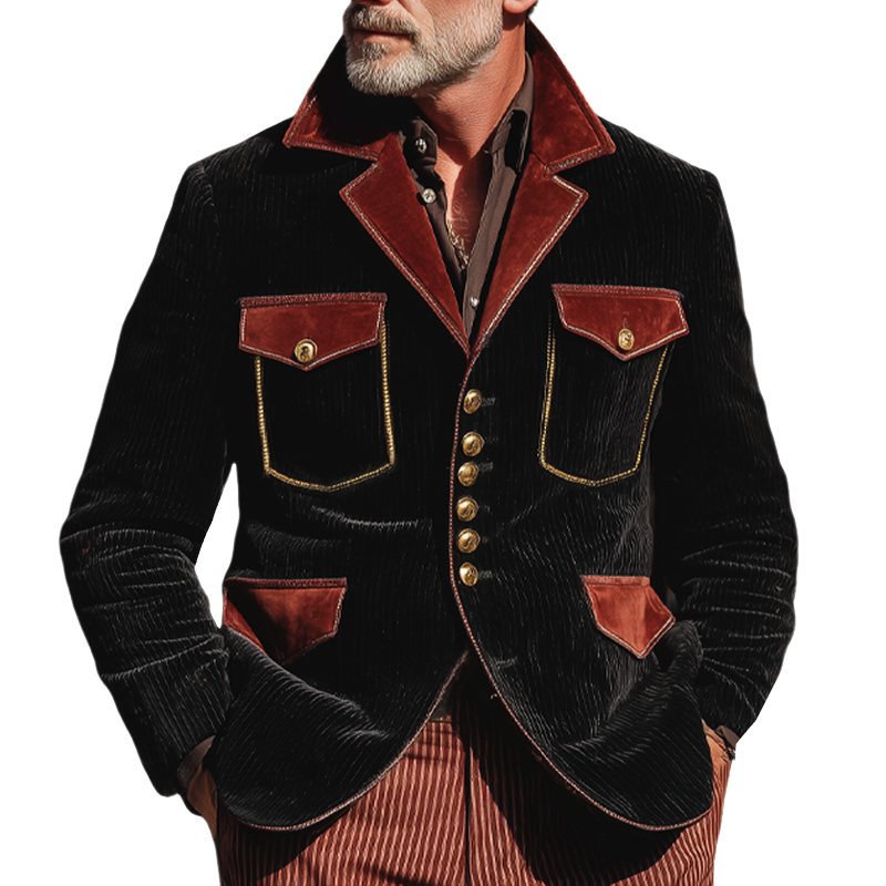 Men's Classic Corduroy And Velvet Colorblock Button-Down Jacket MTA1634I1U