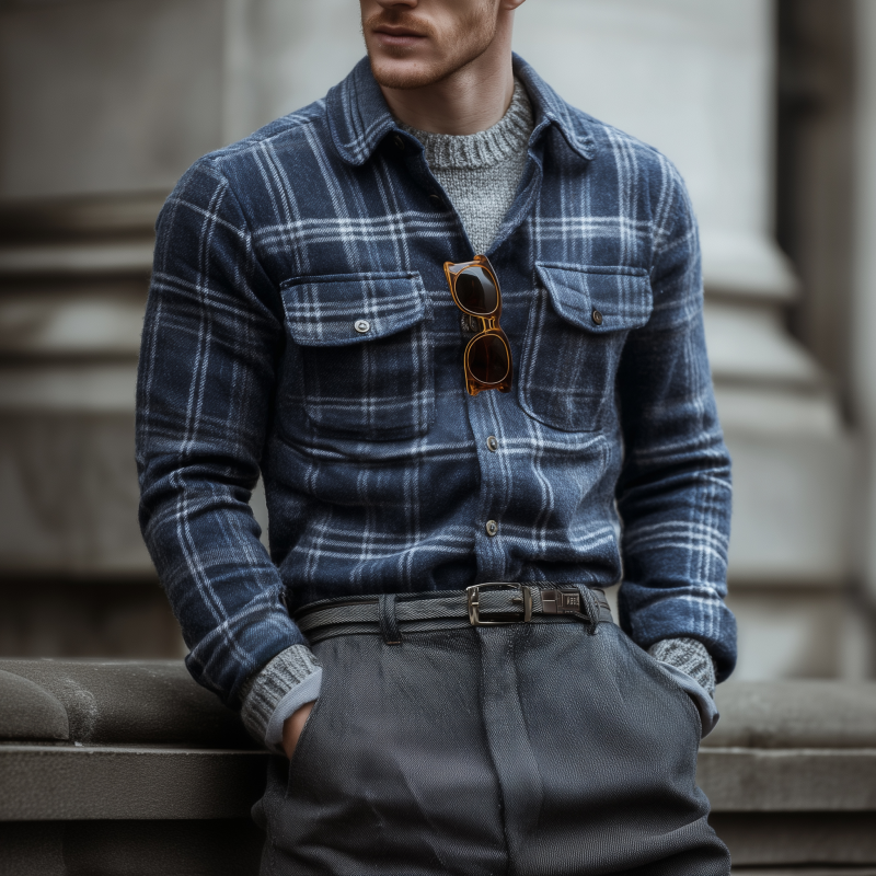 Men's Casual Vintage Flannel Plaid Lapel Flap Chest Pocket Slim Fit Long Sleeve Shirt MTA0818H1M