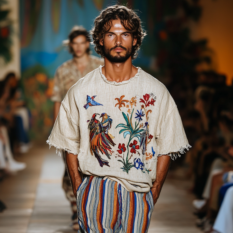 Men's Fashion Embroidered Round Neck Short Sleeve Cotton And Linen T-shirt MTA1478E7Z