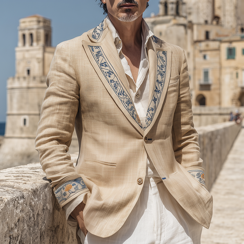 Men's Classic Vintage Collar And Cuff Embroidery Cotton And Linen Single-breasted Blazer MTA1618G4K