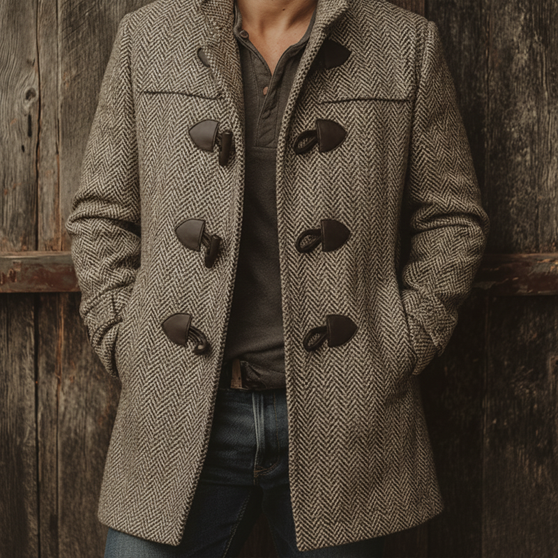 Men's Winter Fashionable Herringbone Faux Wool Horn Button Coat MTA1037J3P