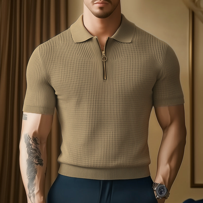 Men's Summer Business Textured Knitted Zip-Neck T-Shirt MTA1389E5U