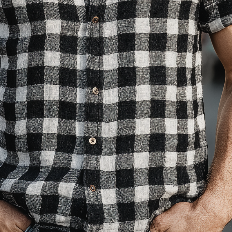 Men's Plaid Stand Collar Short Sleeve Cotton And Linen Shirt MTA1504G6X