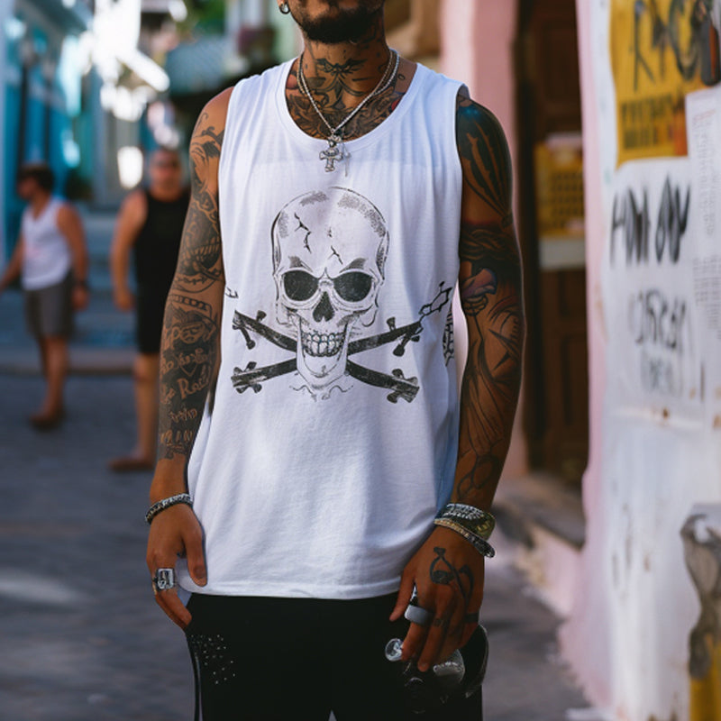 Men's Loose Skeleton Print Crew Neck Tank Top  87379303X