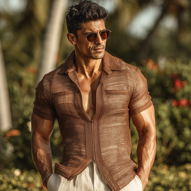 Men's Summer Fashion Zipper Mesh Short Sleeve Slim Shirt (with Lining) MTA2021F7P