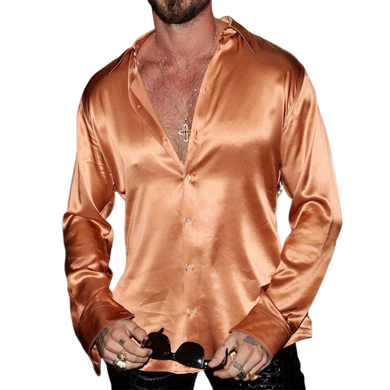 Men's Stylish Casual Solid Color Satin Long Sleeve Shirt 15411322K