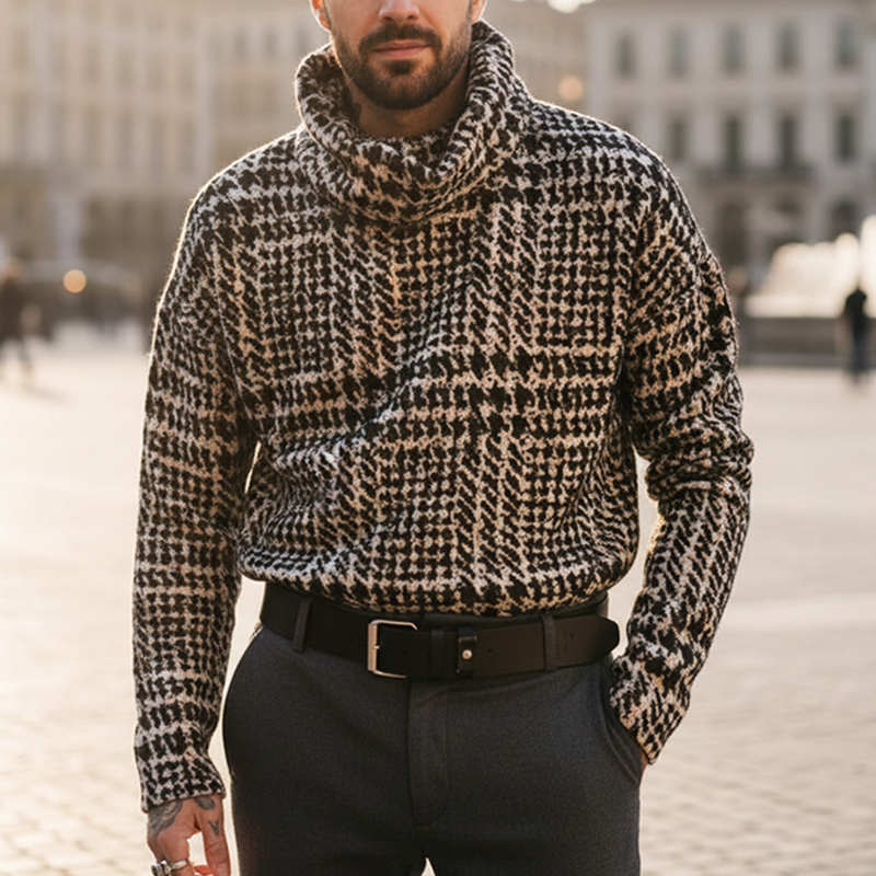 Men's Classic Houndstooth Stacked Collar Knit Sweater MTA2257I8U