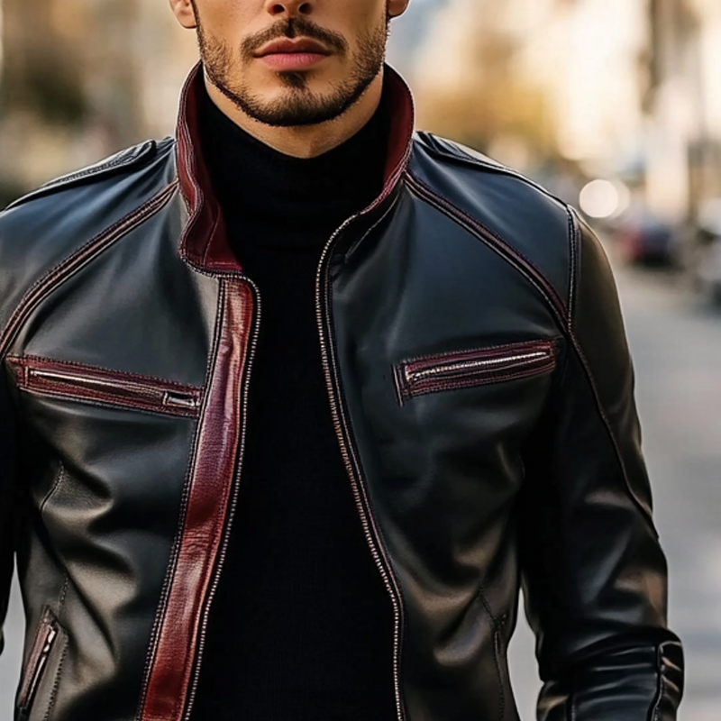 Men's Contrast Lapel PU Zipper Jacket MTA1963H3X