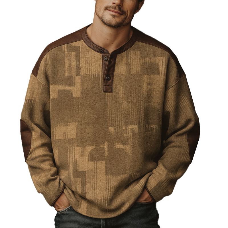 Men's Winter Fashion Polyester-blend PU-paneled Thermal Henley Collar Sweatshirt MTA2661I2P
