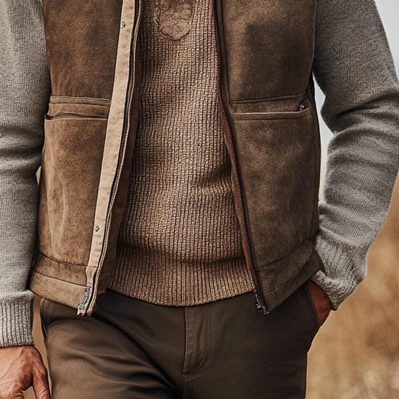 Men's Retro Color Block Suede Zipper Stand Collar Vest MTA1565K6X