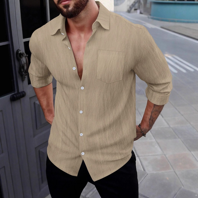 Men's Cotton Blended Solid Color Casual Long Sleeve Shirt MTA1974G7X