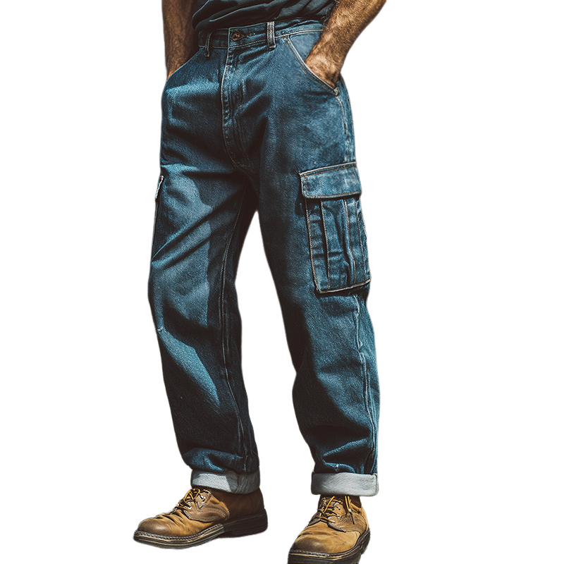 Men's Retro Casual Washed Distressed Denim Outdoor Durable Cargo Pants MTA3186G1TO