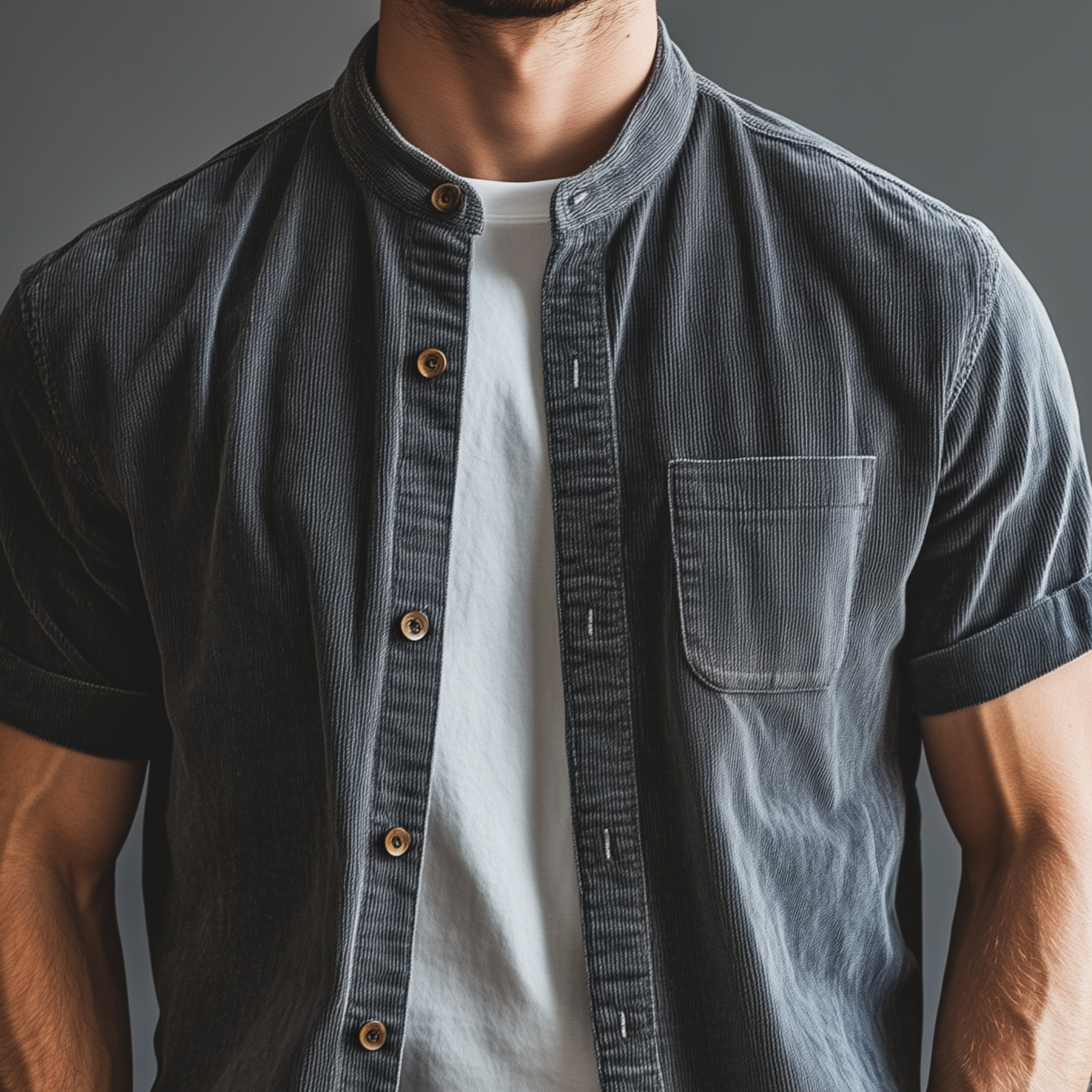 Men's Classic Casual Thin Corduroy Cuffs Roll-up Collar Short-sleeved Shirt MTA1974G6K