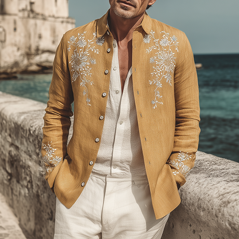 Men's Classic Vintage Exquisite Chest And Cuff Embroidery Cotton Linen Lapel Thin Jacket MTA1666G4K