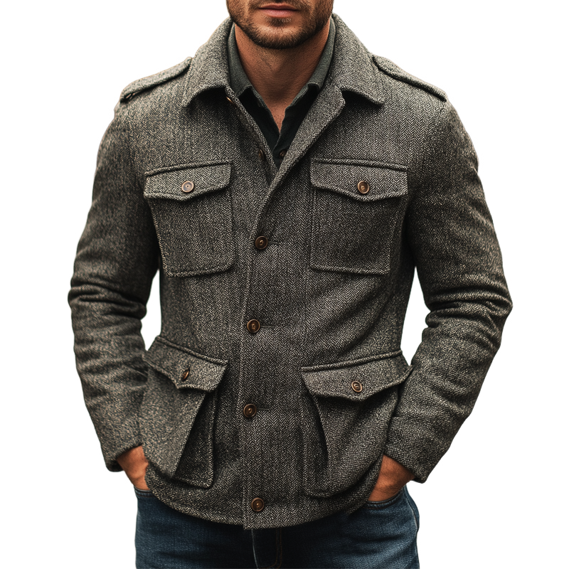 Men's Retro Dark Gray Multi-Pocket Faux Wool Button Jacket MTA0333K8U