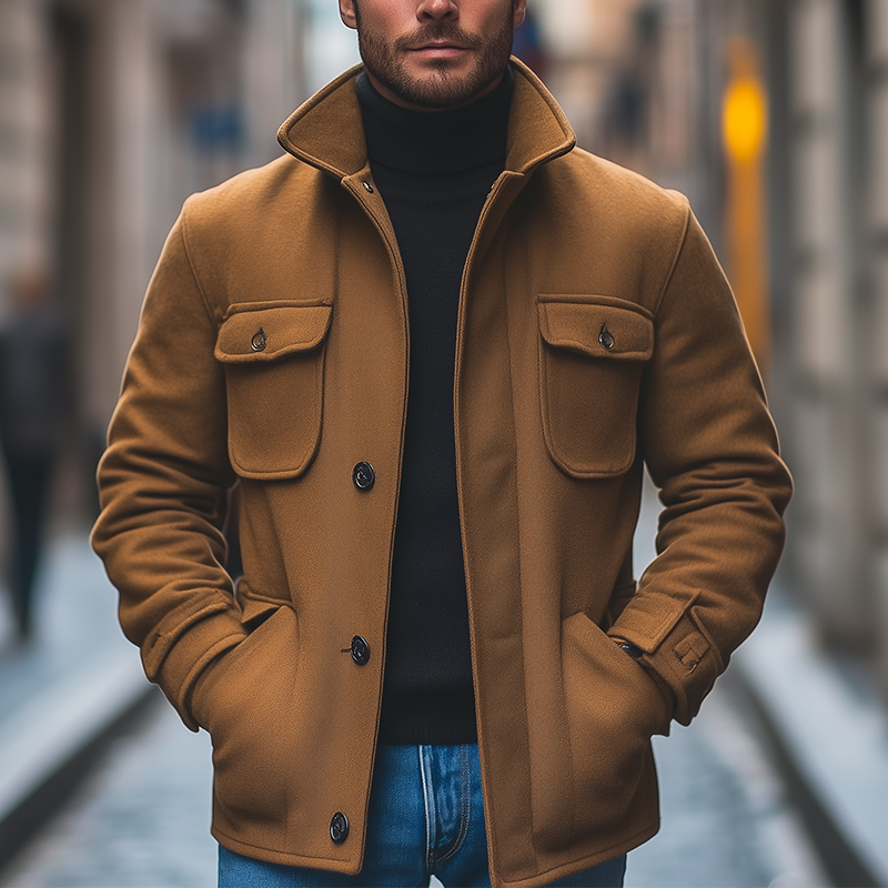 Men's Winter Retro Solid Color Faux Wool Multi-pocket Stand Collar Coat MTA0356K7P