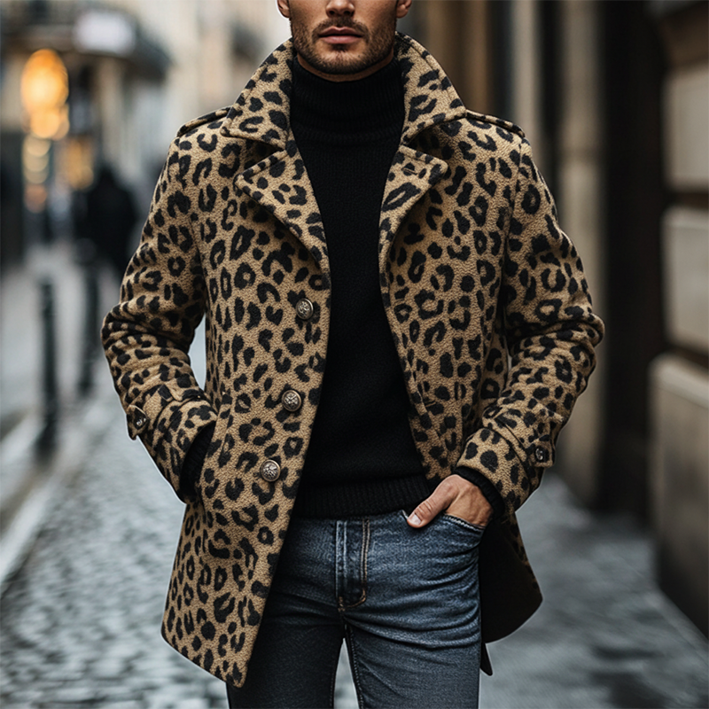 Men's Vintage Leopard Print Polar Fleece Lapel Mid-Length Coat MTA1382J8X