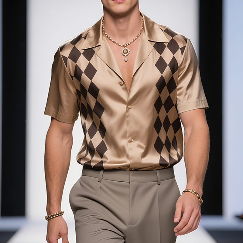 Men's Retro Old Money Style Diamond Print Satin Lapel Short Sleeve Shirt MTA2439F0TO