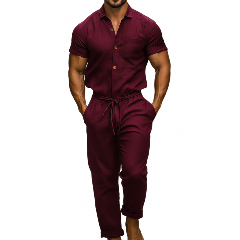 Men's Casual Breathable Cotton And Linen Lapel Patch Pocket Short-sleeved Pants Jumpsuit MTA1395F0M
