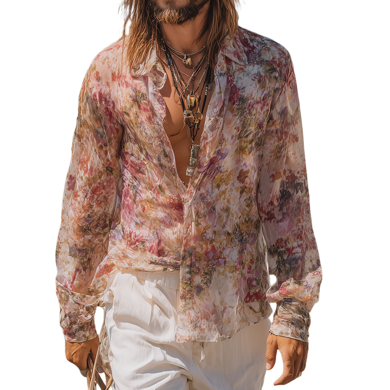 Men's Vintage Casual Floral Print Lapel Long Sleeve Shirt MTA2533G5TO