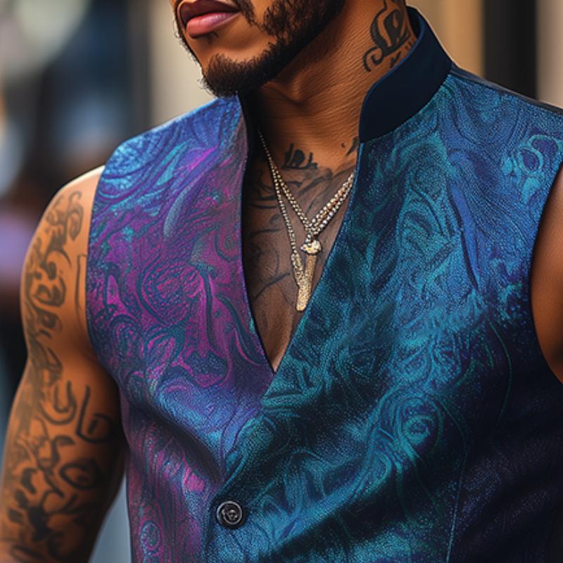 Men's Retro Casual Print Stand Collar Vest 94400572TO