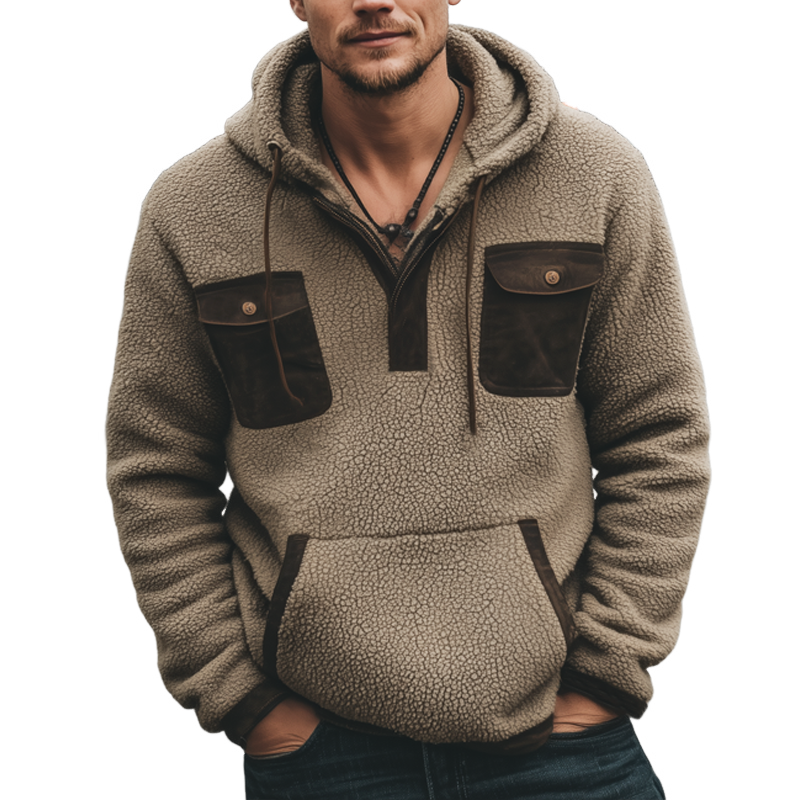 Men's Retro Coarse Grain Polar Fleece Colorblock Casual Hoodie MTA2041J5U