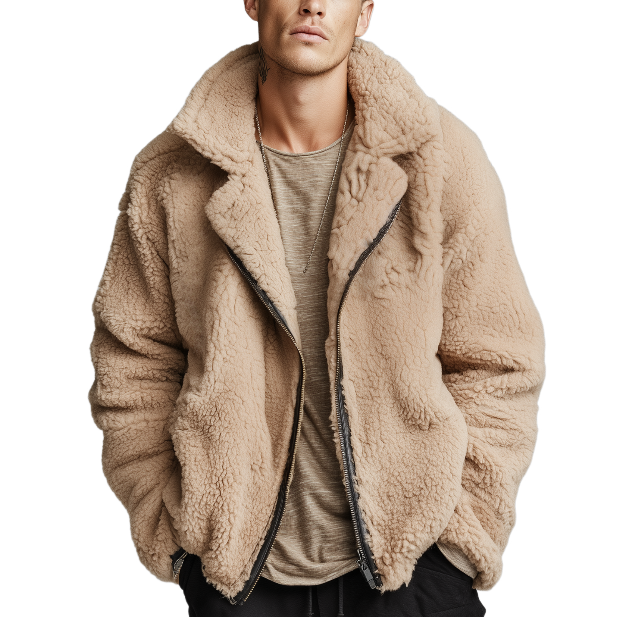 Men's Classic Casual Lapel Zipper Teddy Fleece Jacket MTA2089J2K