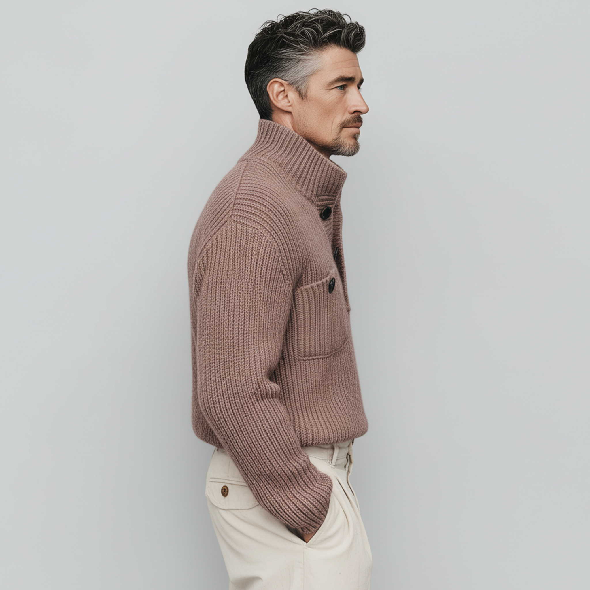 Men's Classic Casual Pink Stand Collar Double Pocket Loose Sweater MTA2824I0K