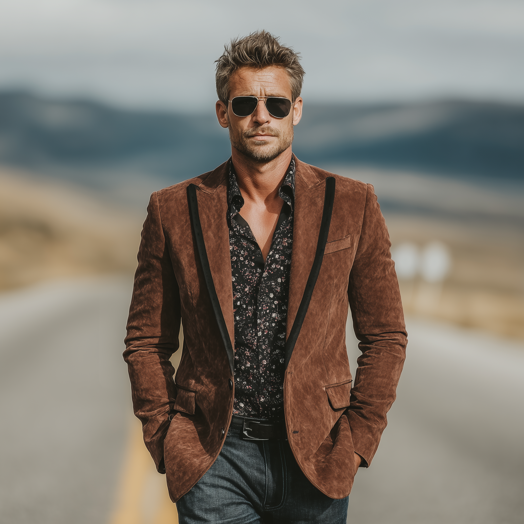 Men's Classic Vintage Western-style Contrasting Velvet Collar Single-breasted Faux Suede Blazer MTA2292L0K