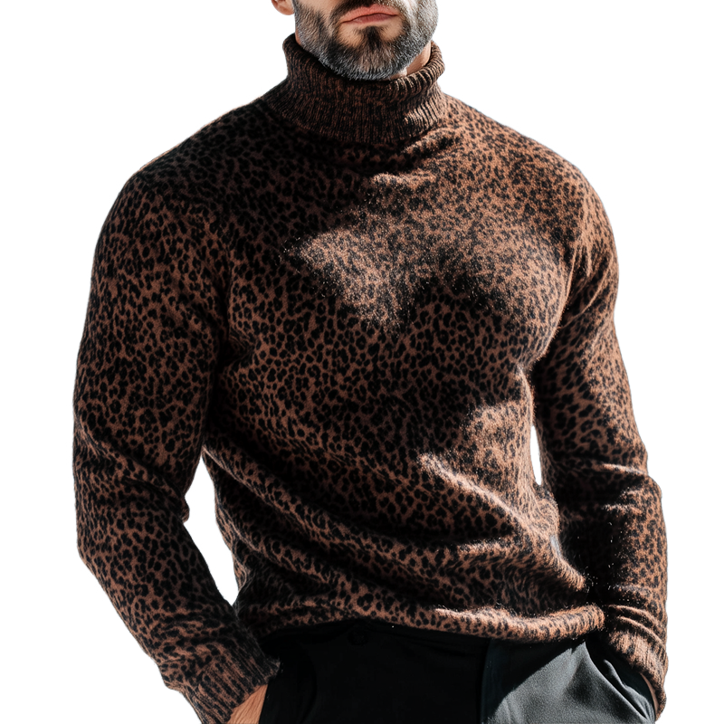 Men's Leopard High Collar Long Sleeve Knit Sweater MTA1599H8Z