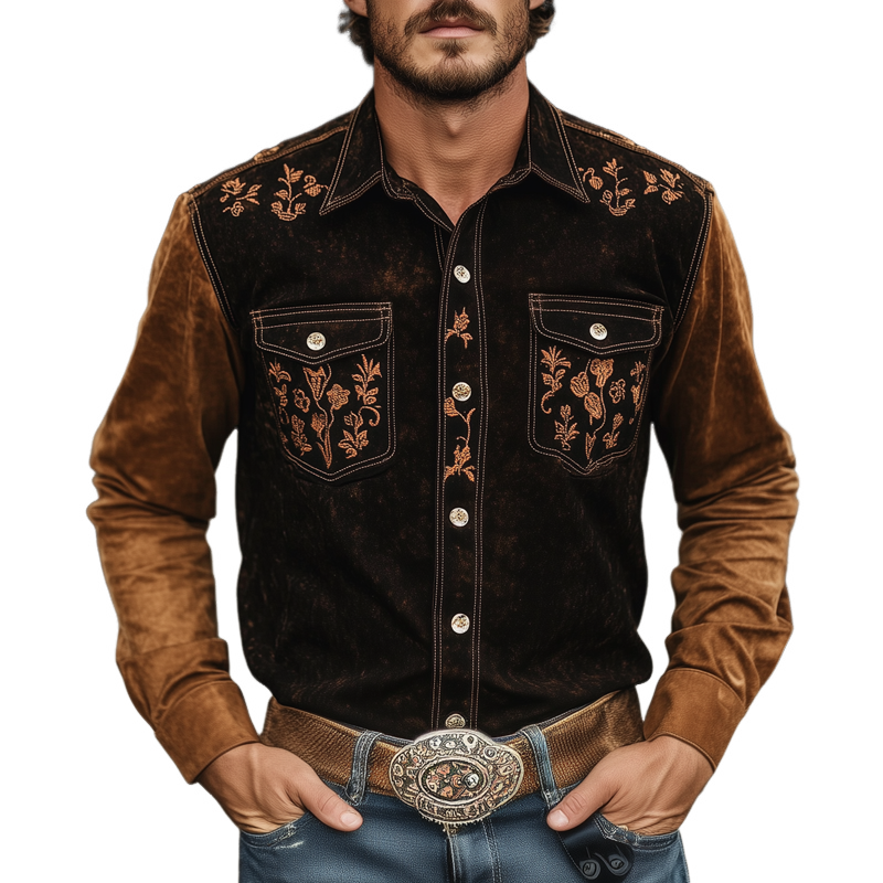 Men's Retro Contrast Color Western Cowboy Floral Embroidered Lapel Shirt MTA2053H7X
