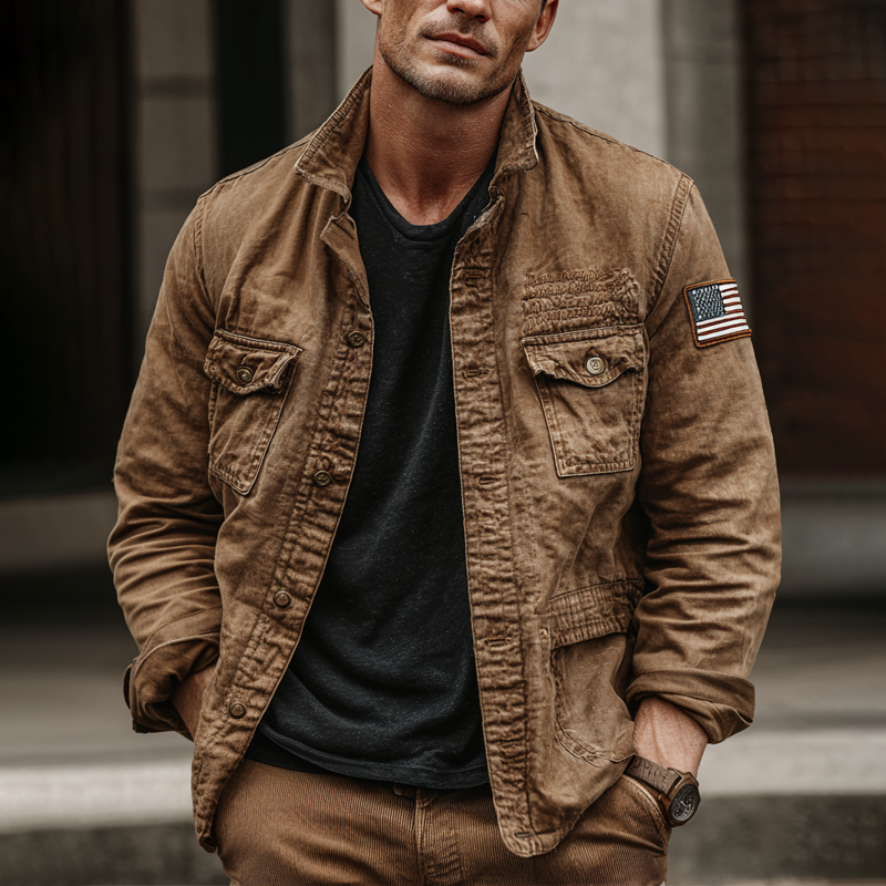 Men's Retro Washed Cotton Lapel Multi-pocket Cargo Jacket MTA1225I0Z