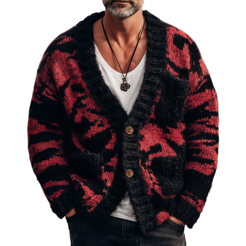 Men's Classic Black And Red Camouflage Two-Button Knit Cardigan MTA2048H0U