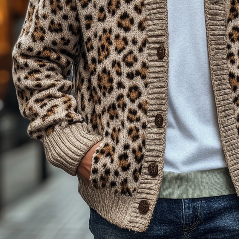 Men's Leopard Print Jacquard V-Neck Knit Cardigan MTA3088J3X