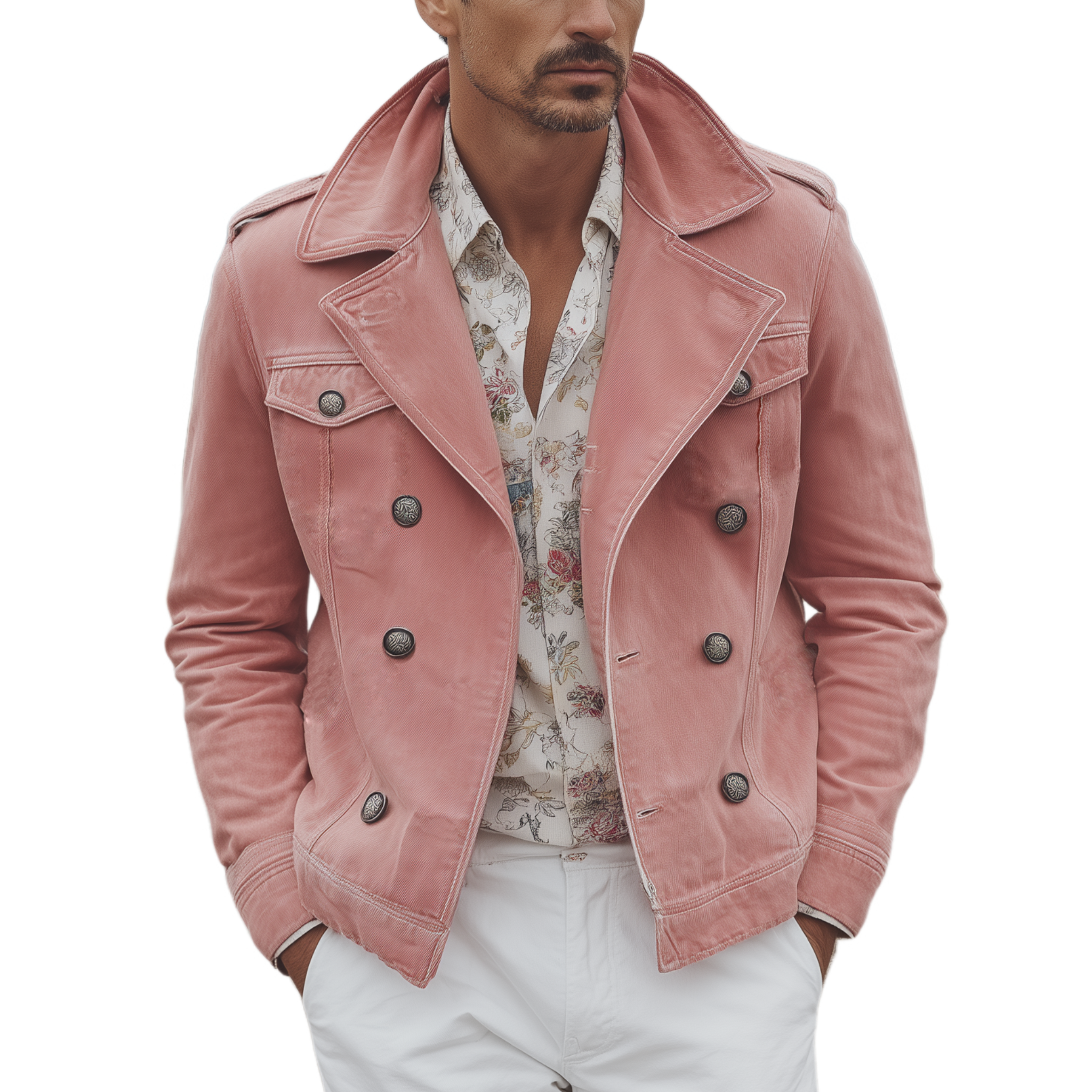 Men's Classic Western Vintage Lapel Washed Pink Denim Double Breasted Jacket MTA0309I2K