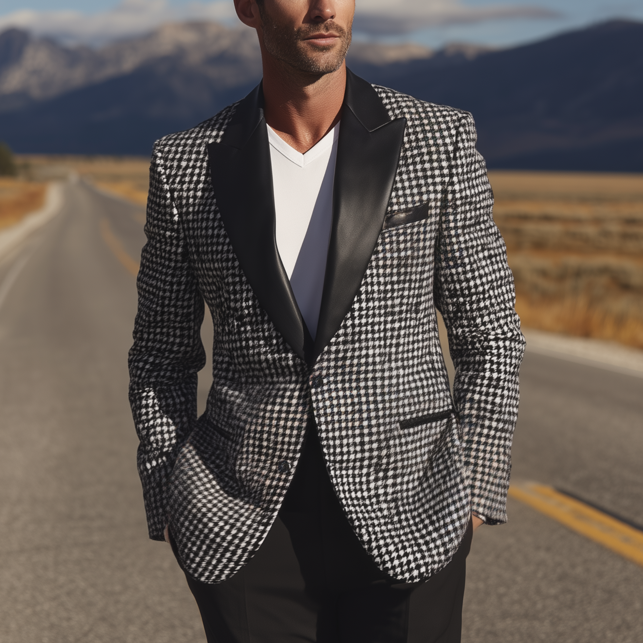 Men's Classic Casual And Light Business PU Leather Collar Single-breasted Houndstooth Slim-fit Blazer MTA0907I3K