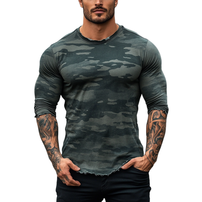 Men's Fashion Camouflage Print Crew Neck Raw Edge Slim Fit Long Sleeve T-Shirt 18930453Y