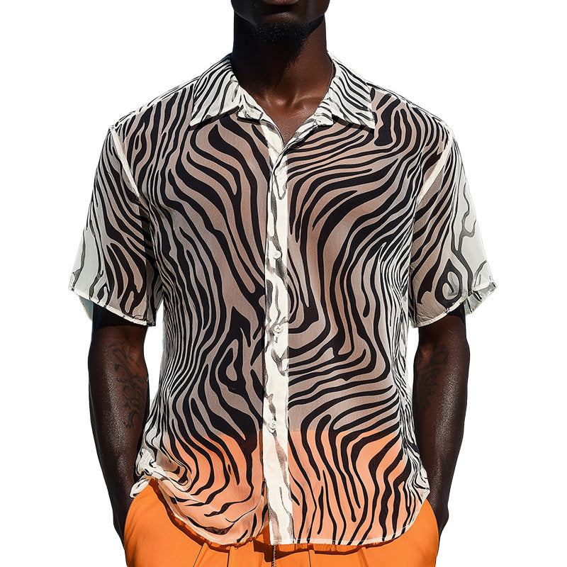 Men's Summer Fashion Breathable Zebra Print Organza Short Sleeve Shirt MTA2724E9P