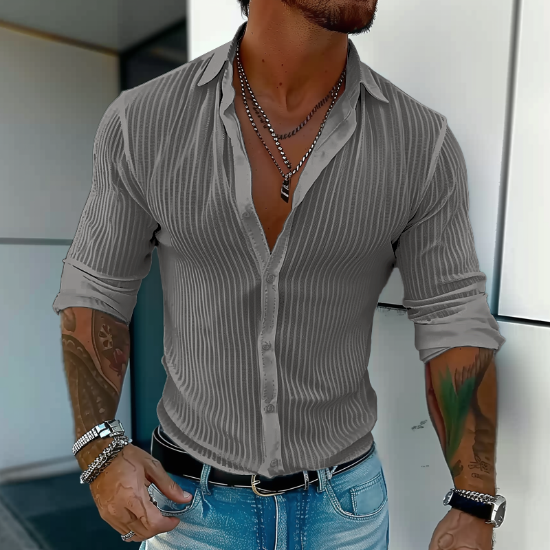 Camicia a maniche lunghe con risvolto a righe tinta unita da uomo 94598700Z