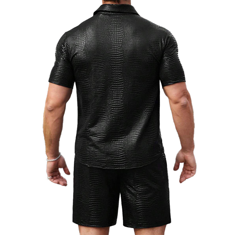 Men's Textured Leather Short-sleeved Shorts Two-piece Set 99132430X