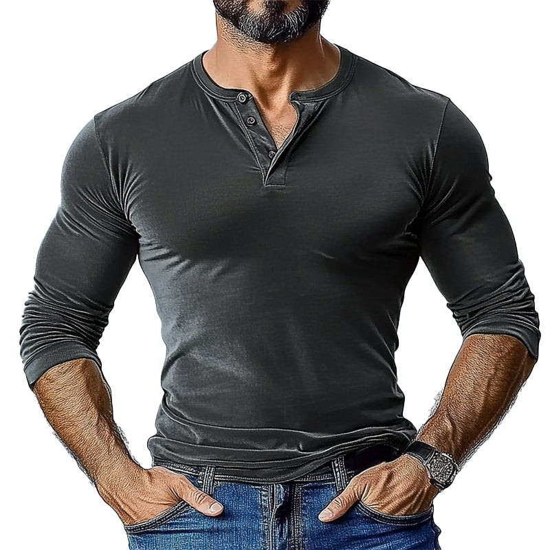 Men's Henley Collar Long Sleeve Solid Color T-Shirt 77446445X