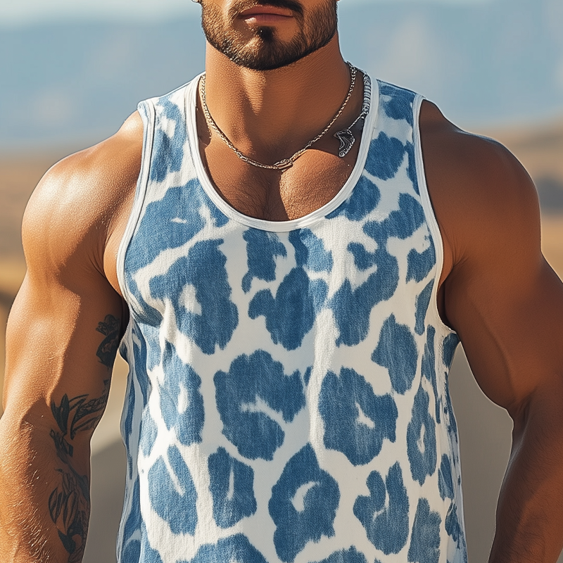 Klassisk, fasjonabel retro, western-cowboy-stil, leopard-jacquard-denim-tanktopp med U-hals for menn MTA0813E4K