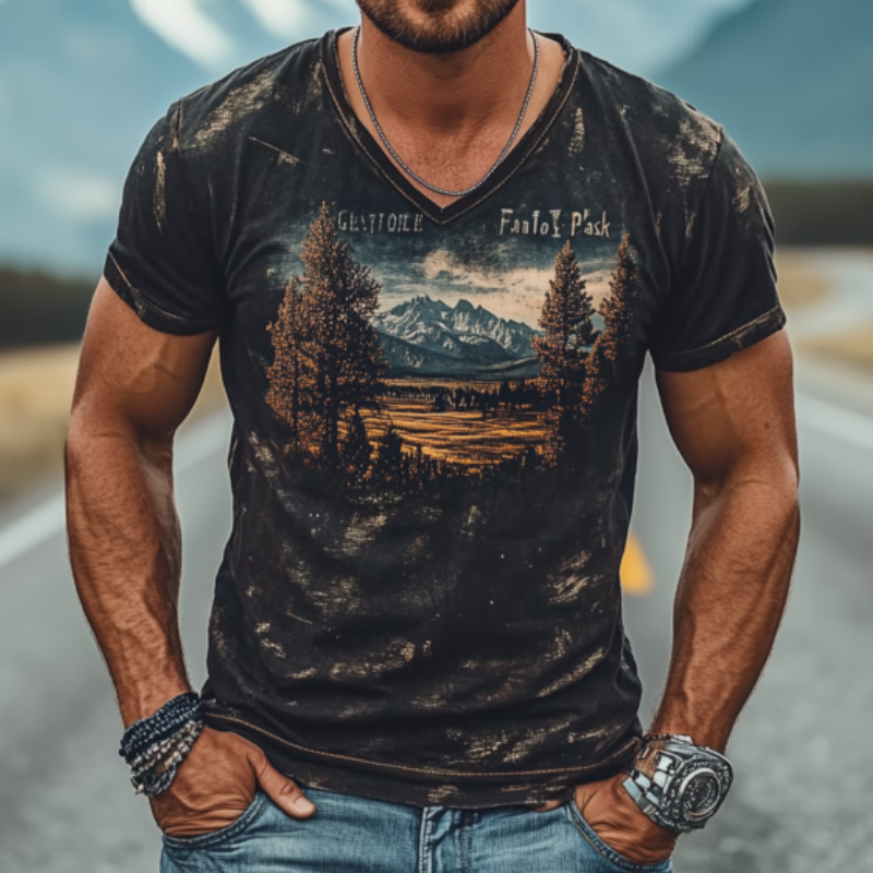 Men's Casual American Retro Yellowstone Park Series Printed Cotton T-Shirt 19046609K