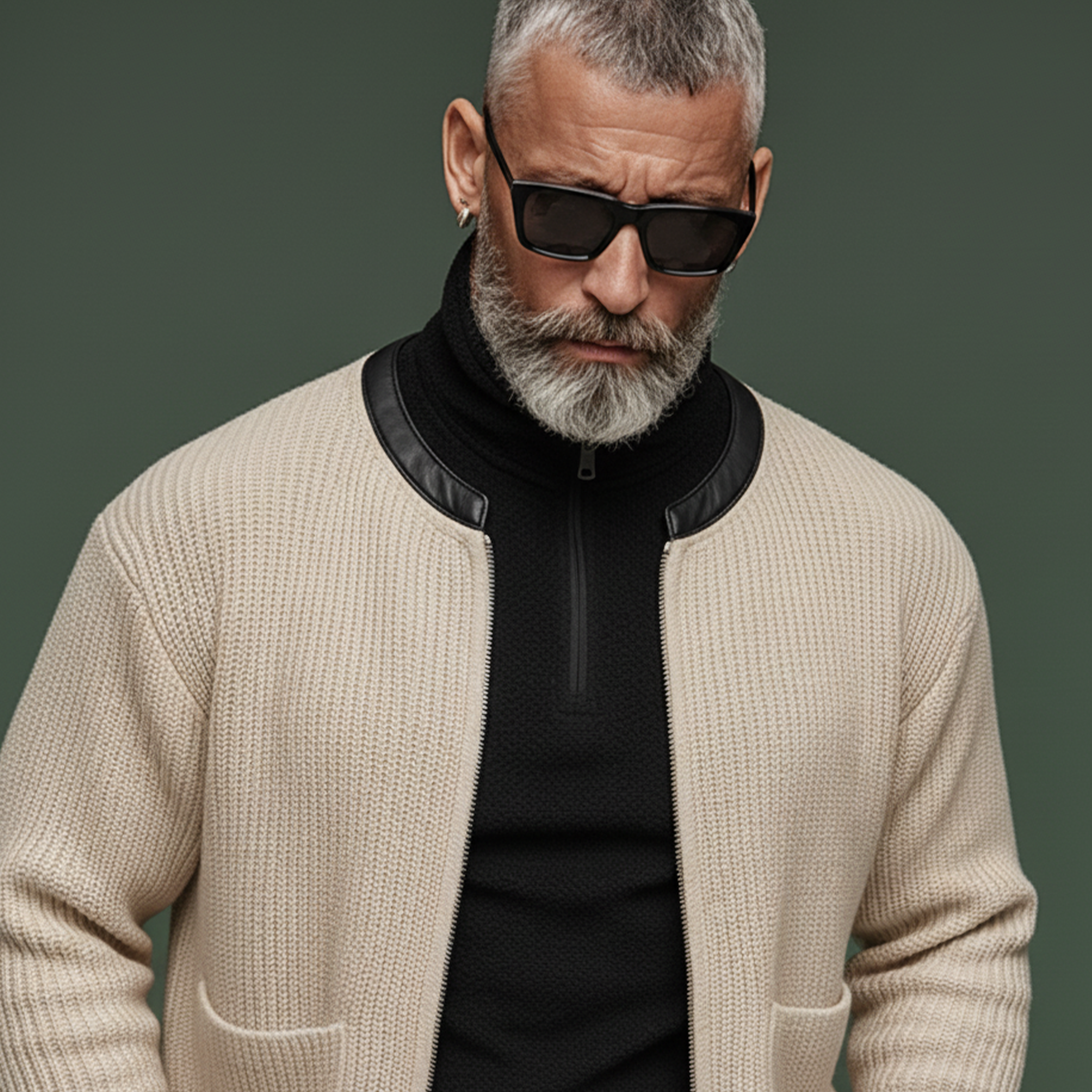 Men's Classic Casual PU Leather Collar Zip-up Knit Cardigan MTA0390K2K